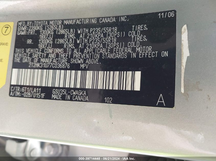 2007 Lexus Rx 350 VIN: 2T2HK31U77C036876 Lot: 39714448