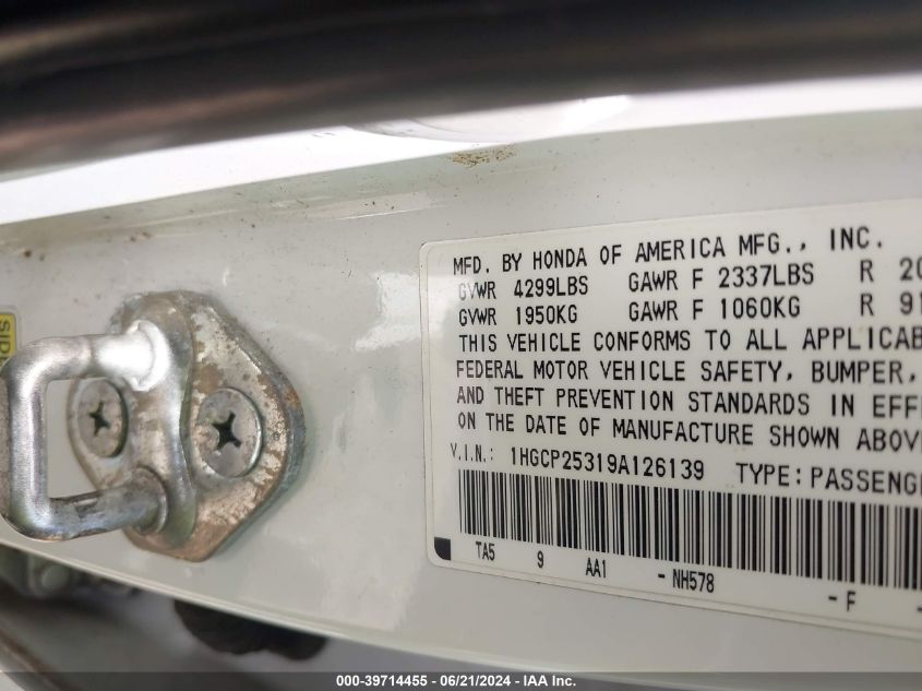 2009 Honda Accord 2.4 Lx VIN: 1HGCP25319A126139 Lot: 39714455