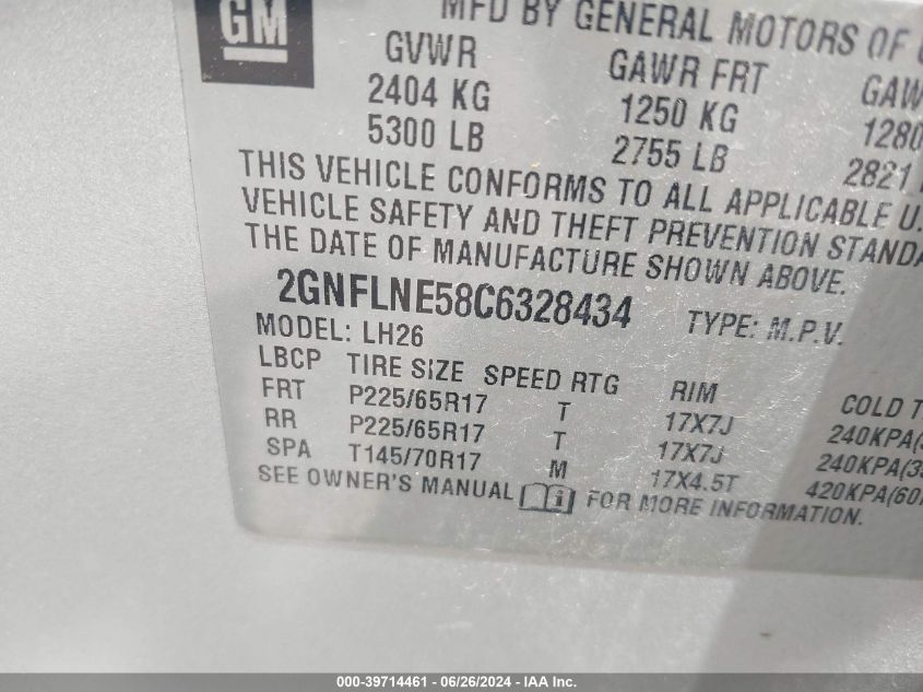 2012 Chevrolet Equinox 2Lt VIN: 2GNFLNE58C6328434 Lot: 39714461