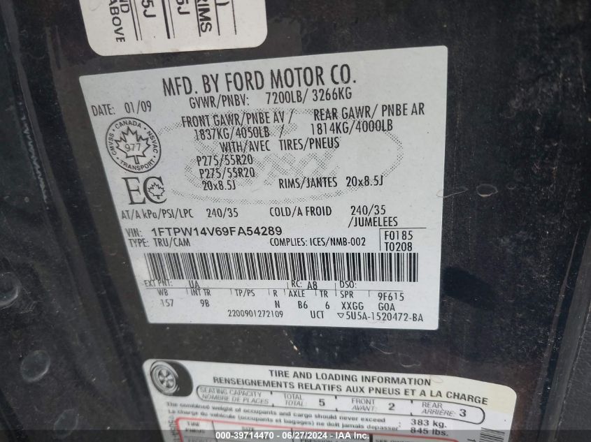 2009 Ford F150 Supercrew VIN: 1FTPW14V69FA54289 Lot: 39714470