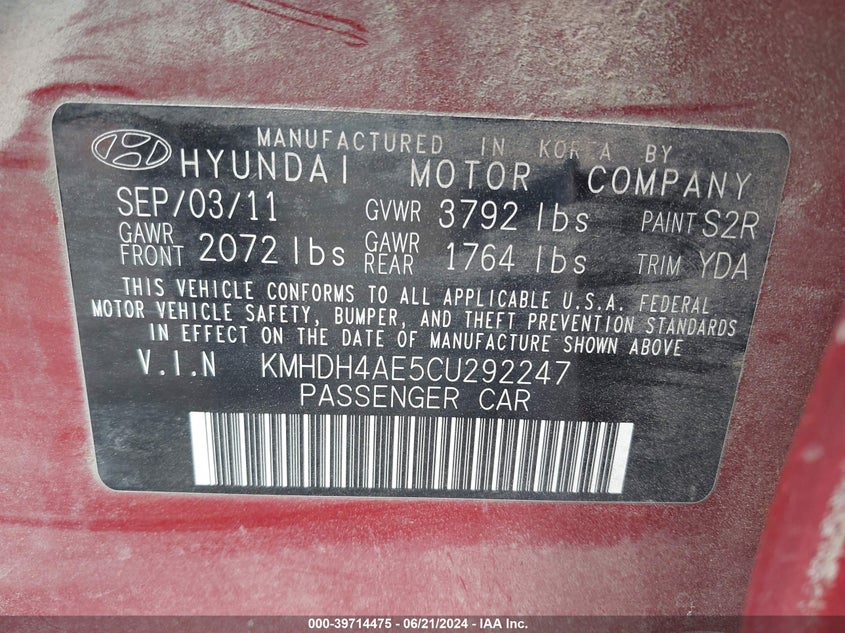 2012 Hyundai Elantra Limited (Ulsan Plant) VIN: KMHDH4AE5CU292247 Lot: 39714475