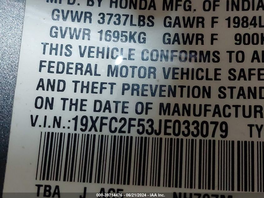2018 Honda Civic Lx VIN: 19XFC2F53JE033079 Lot: 39714476