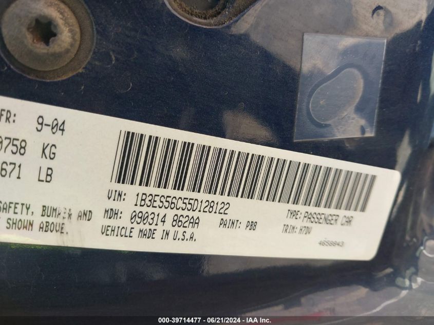 2005 Dodge Neon Sxt VIN: 1B3ES56C55D128122 Lot: 39714477