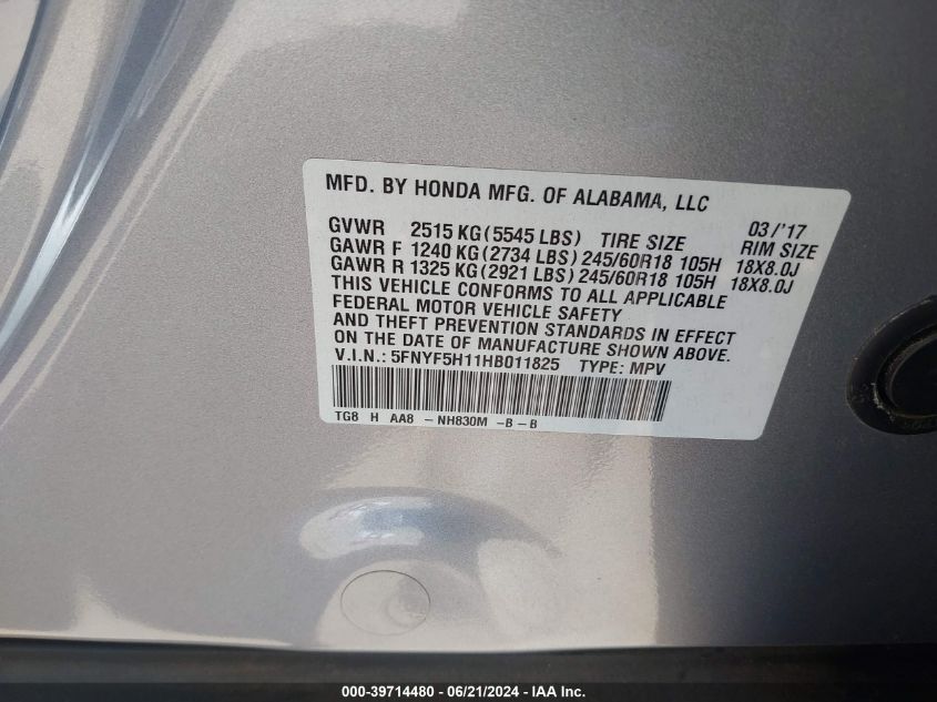 2017 Honda Pilot Lx VIN: 5FNYF5H11HB011825 Lot: 39714480