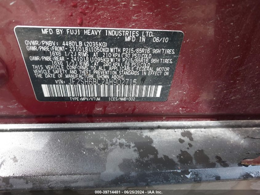 2010 Subaru Forester 2.5X VIN: JF2SH6BC2AH902715 Lot: 39714481
