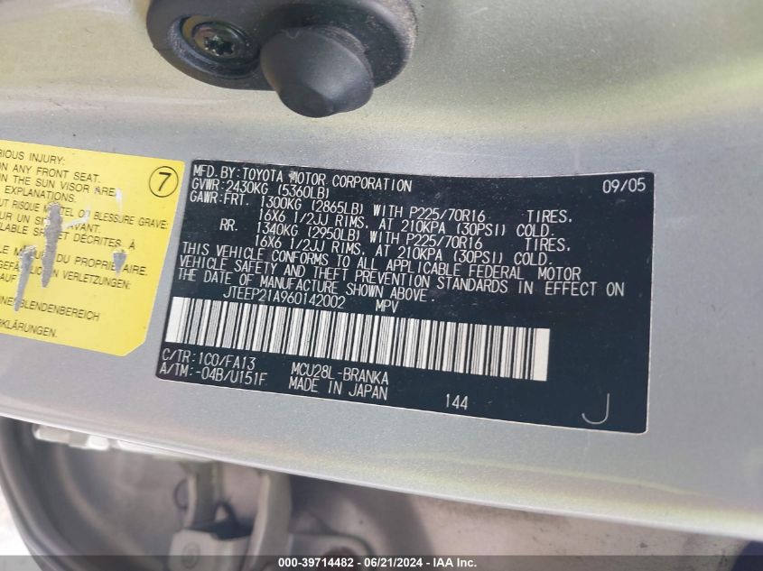 2006 Toyota Highlander V6 VIN: JTEEP21A960142002 Lot: 39714482