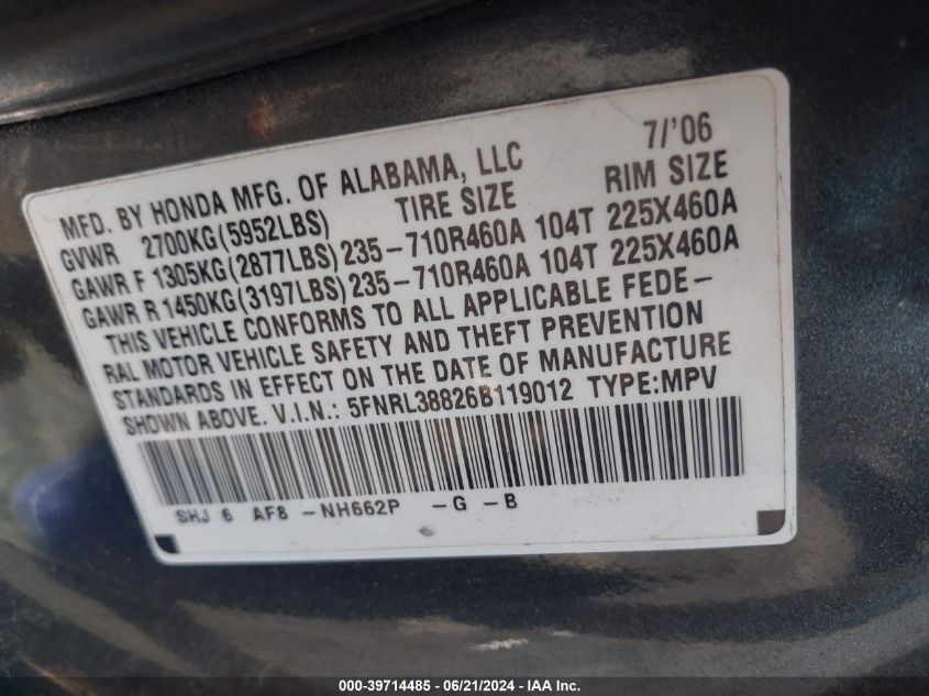 2006 Honda Odyssey Touring VIN: 5FNRL38826B119012 Lot: 39714485