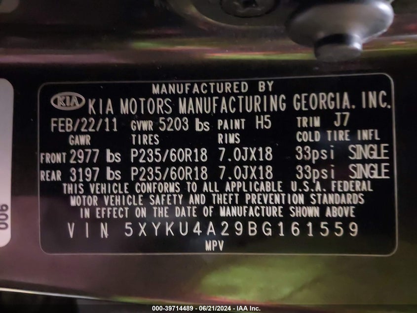 2011 Kia Sorento Ex VIN: 5XYKU4A29BG161559 Lot: 39714489