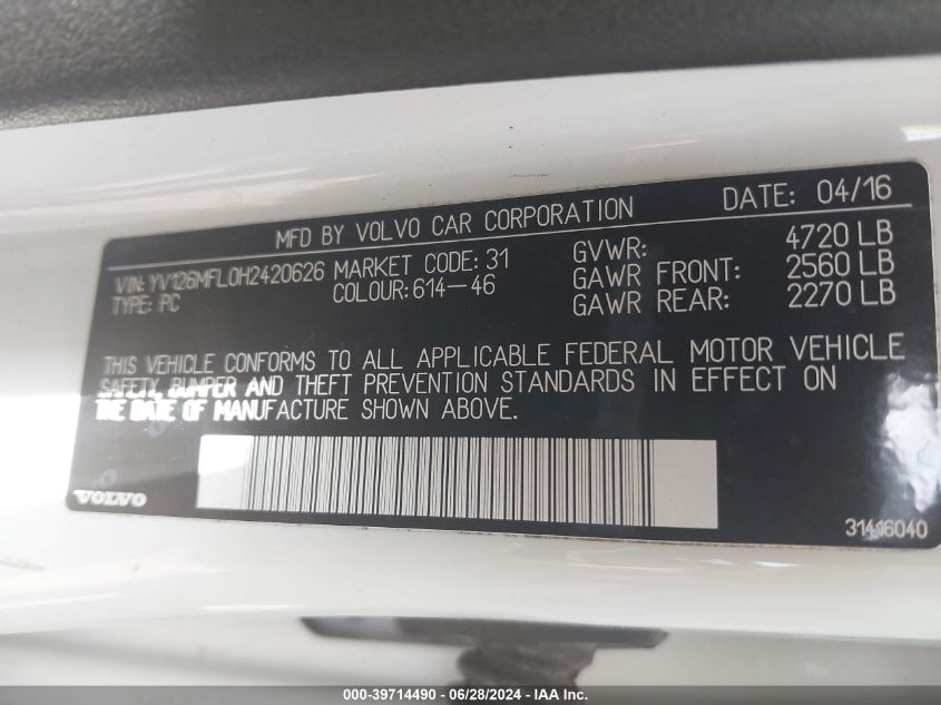 2017 Volvo S60 T5 Dynamic VIN: YV126MFL0H2420626 Lot: 39714490