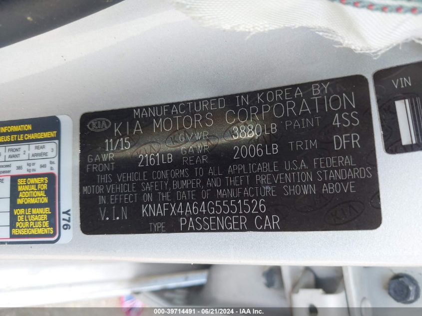2016 Kia Forte Lx VIN: KNAFX4A64G555152 Lot: 39714491