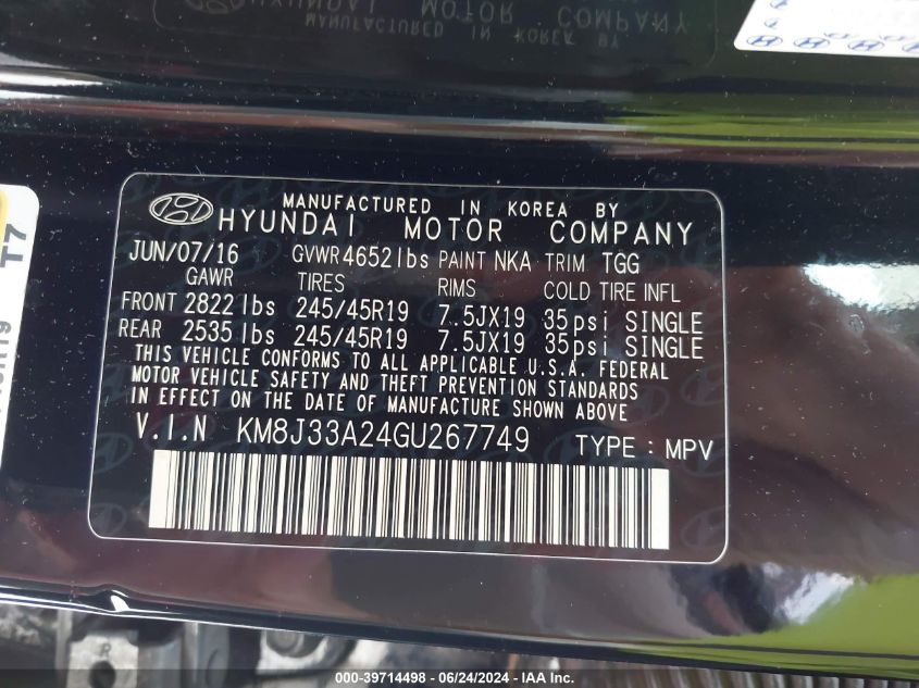 2016 Hyundai Tucson Sport VIN: KM8J33A24GU267749 Lot: 39714498