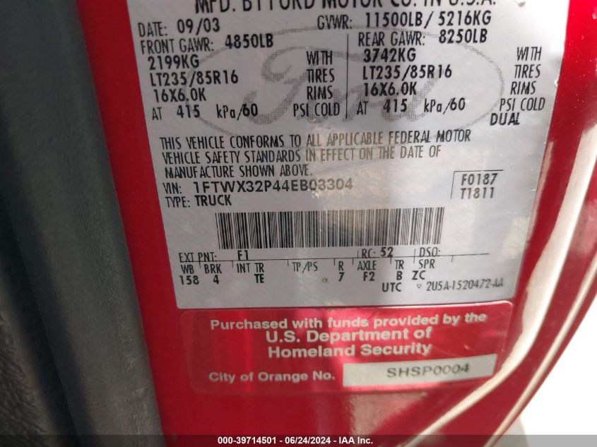 2004 Ford F-350 Lariat/Xl/Xlt VIN: 1FTWX32P44EB03304 Lot: 39714501