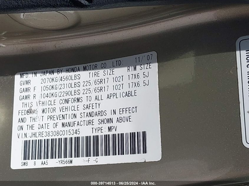 2008 Honda Cr-V Lx VIN: JHLRE38308C015345 Lot: 39714513