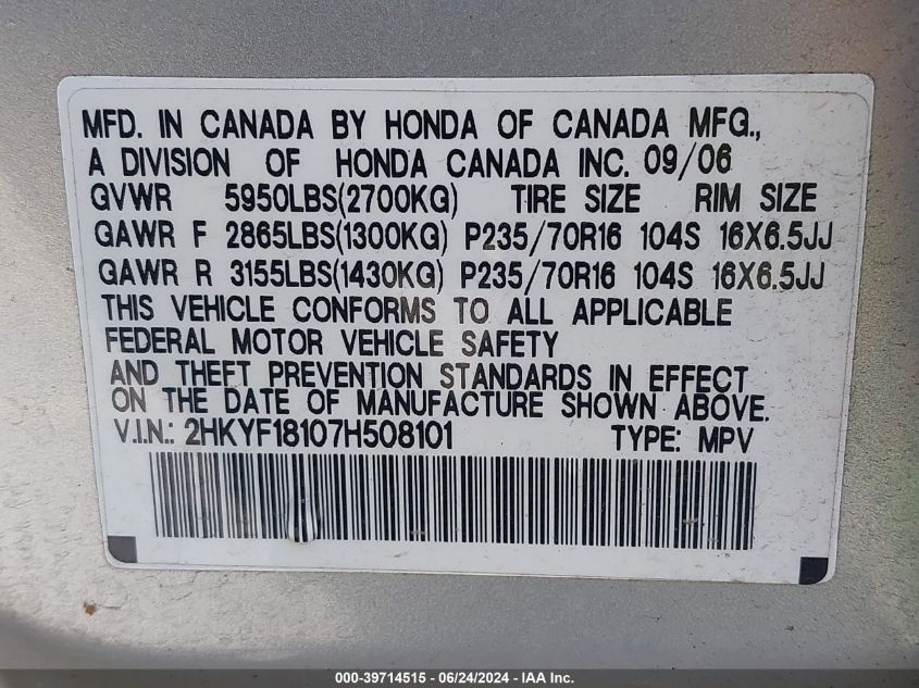 2007 Honda Pilot Lx VIN: 2HKYF18107H508101 Lot: 39714515