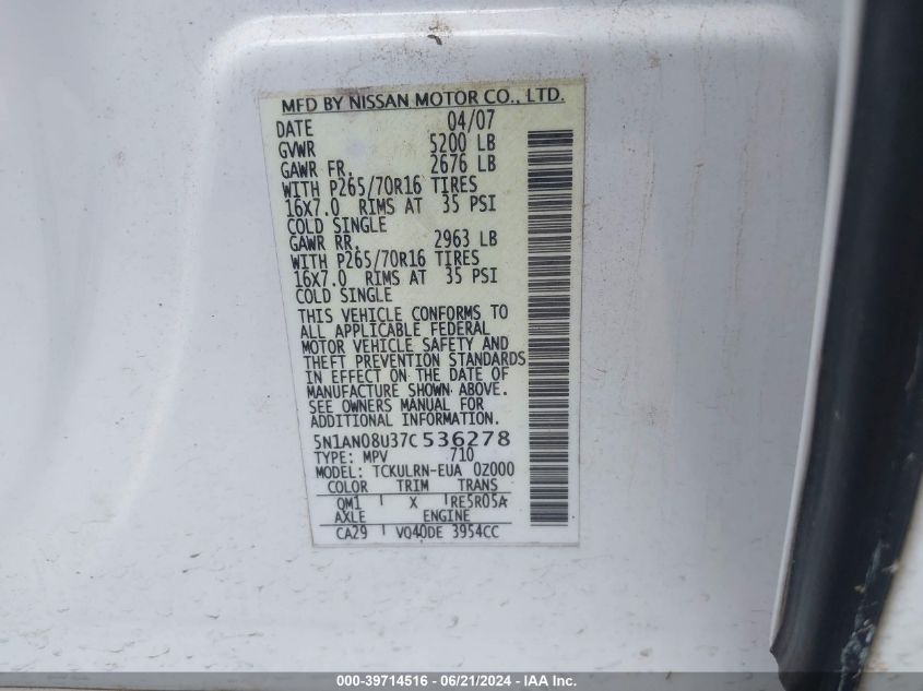 2007 Nissan Xterra S VIN: 5N1AN08U37C536278 Lot: 39714516