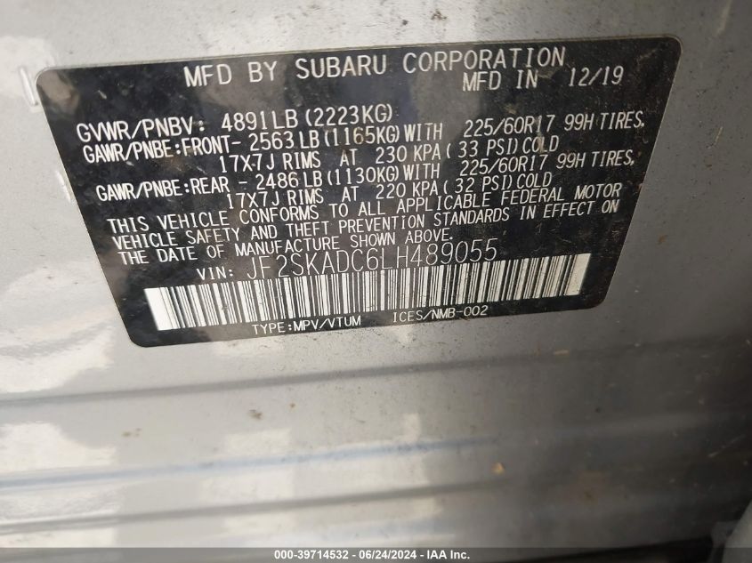 2020 Subaru Forester VIN: JF2SKADC6LH489055 Lot: 39714532