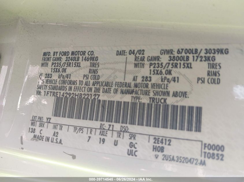 2002 Ford E-150 Commercial/Recreational VIN: 1FTRE14292HB22127 Lot: 39714545