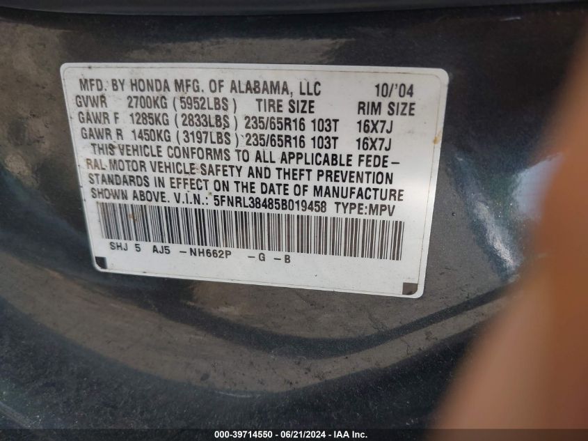 2005 Honda Odyssey Ex VIN: 5FNRL38485B019458 Lot: 39714550