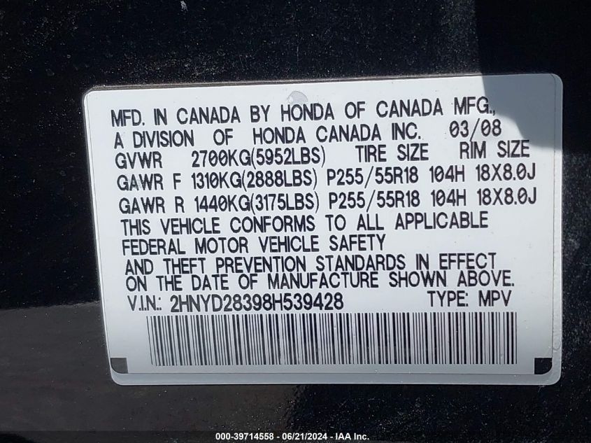 2008 Acura Mdx Technology Package VIN: 2HNYD28398H539428 Lot: 39714558