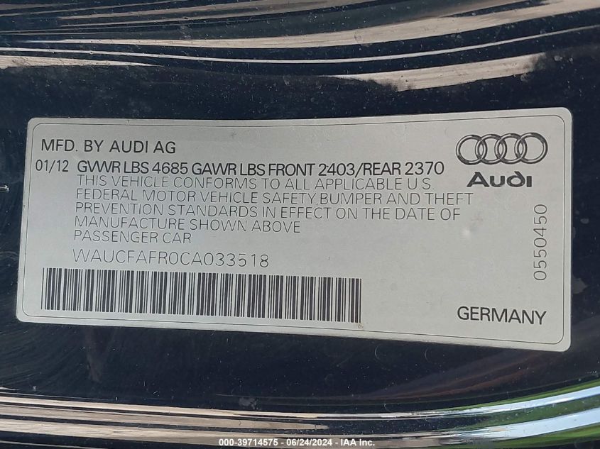 2012 Audi A5 2.0T Premium VIN: WAUCFAFR0CA033518 Lot: 39714575
