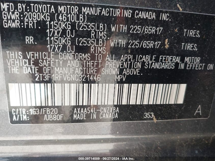 2022 Toyota Rav4 Le VIN: 2T3F1RFV6NC321446 Lot: 39714589