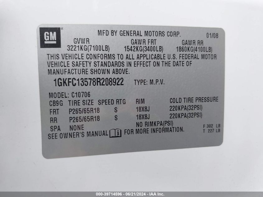 2008 GMC Yukon Hybrid VIN: 1GKFC13578R208922 Lot: 39714596