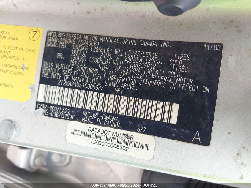 2004 Lexus Rx 330 VIN: 2T2HA31U54C005687 Lot: 39714600