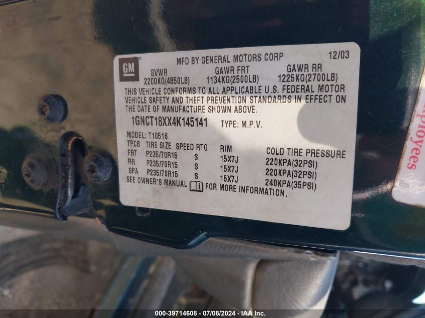 2004 Chevrolet Blazer Ls VIN: 1GNCT18XX4K145141 Lot: 39714608