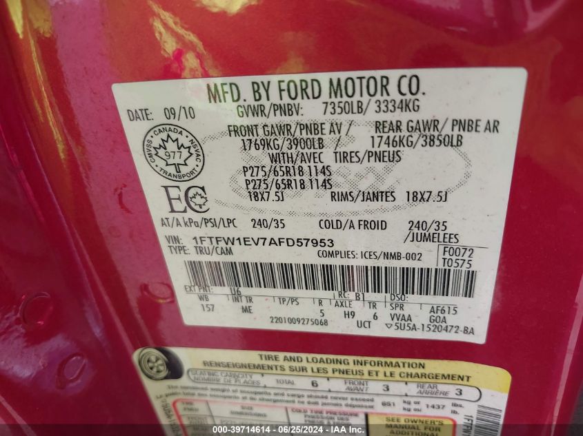 2010 Ford F-150 Xlt VIN: 1FTFW1EV7AFD57953 Lot: 39714614