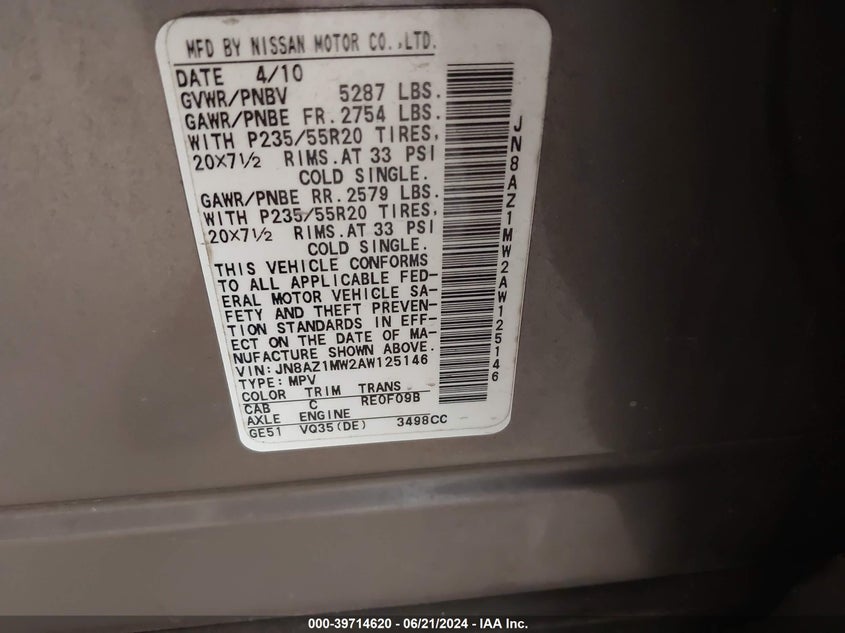 2010 Nissan Murano Le VIN: JN8AZ1MW2AW125146 Lot: 39714620