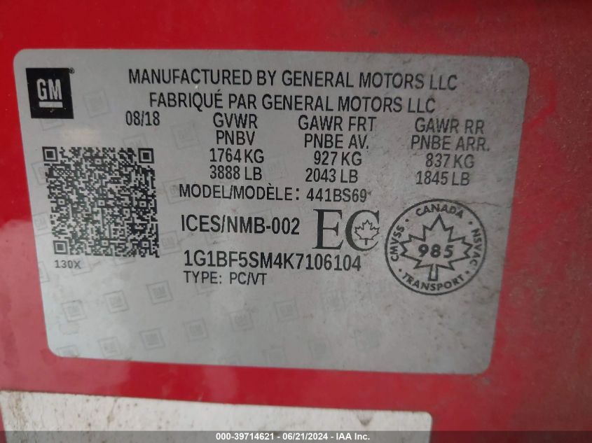 2019 Chevrolet Cruze Premier VIN: 1G1BF5SM4K7106104 Lot: 39714621