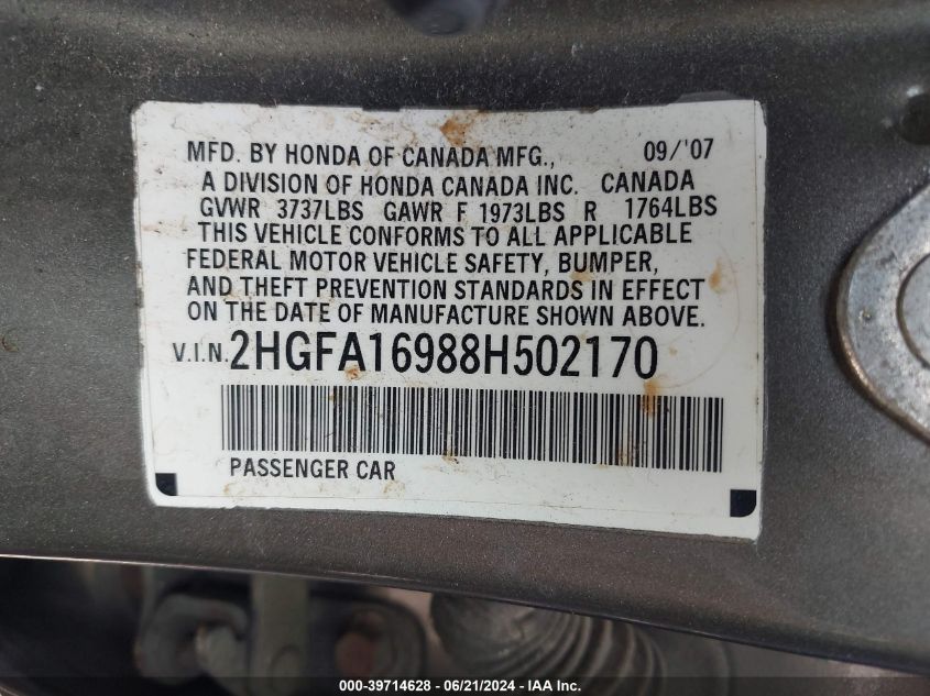 2008 Honda Civic Sdn Exl VIN: 2HGFA16988H502170 Lot: 39714628