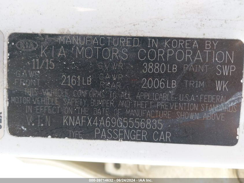 2016 Kia Forte Lx VIN: KNAFX4A69G5556835 Lot: 39714632