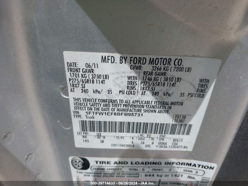 2011 Ford F-150 Fx4 VIN: 1FTFW1EF8BFB95731 Lot: 39714633