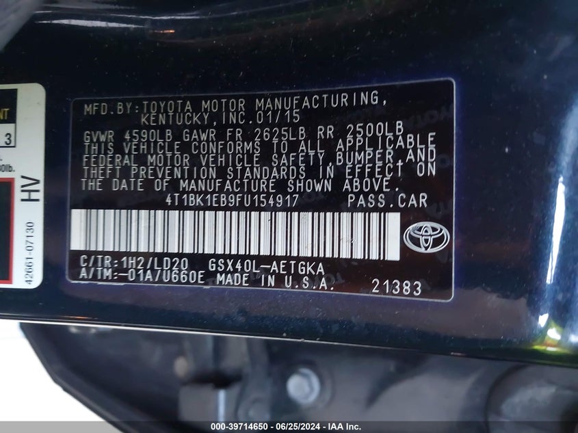 4T1BK1EB9FU154917 2015 Toyota Avalon Xle