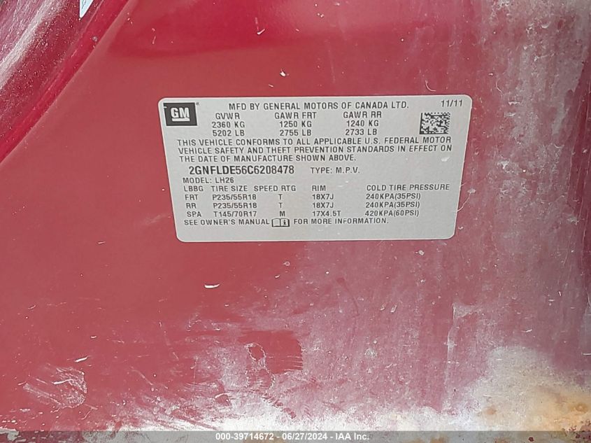 2012 Chevrolet Equinox 1Lt VIN: 2GNFLDE56C6208478 Lot: 39714672