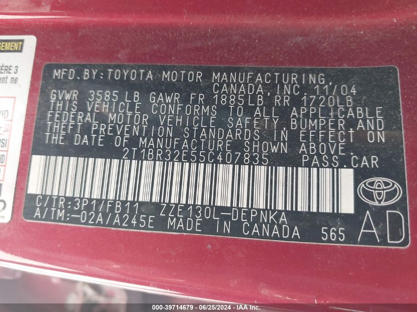 2005 Toyota Corolla Ce/Le/S VIN: 2T1BR32E55C407835 Lot: 39714679