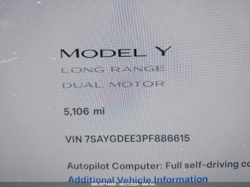 2023 TESLA MODEL Y AWD/LONG RANGE DUAL MOTOR ALL-WHEEL DRIVE - 7SAYGDEE3PF886615