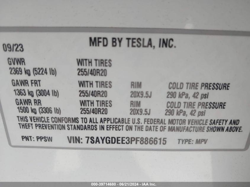 2023 TESLA MODEL Y AWD/LONG RANGE DUAL MOTOR ALL-WHEEL DRIVE - 7SAYGDEE3PF886615