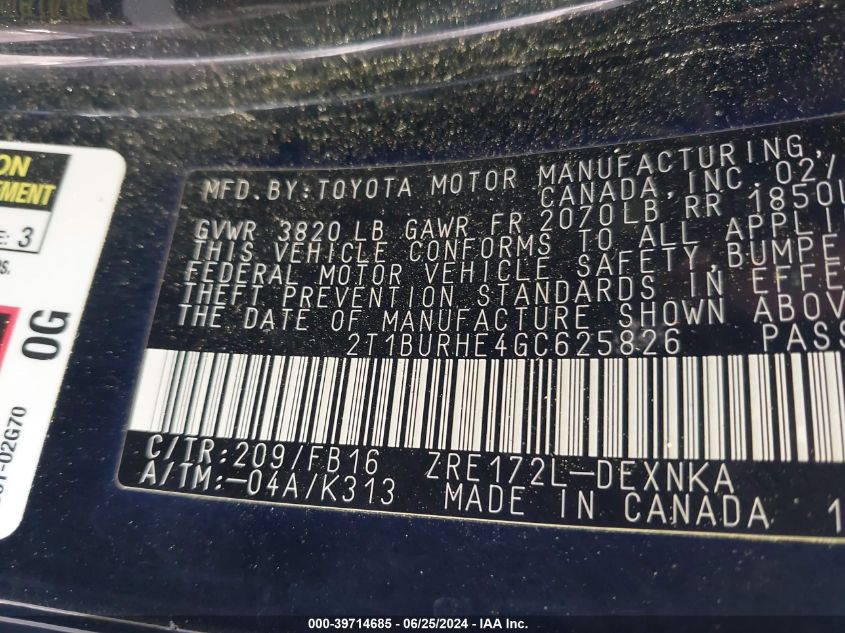 2016 Toyota Corolla L/Le/Le Pls/Prm/S/S Pls VIN: 2T1BURHE4GC625826 Lot: 39714685