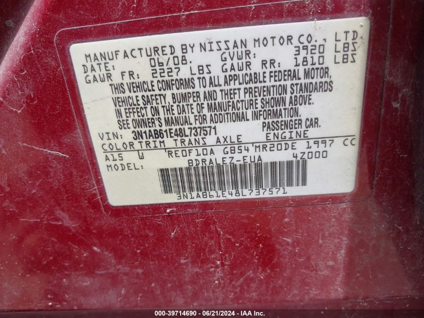 2008 Nissan Sentra 2.0S VIN: 3N1AB61E48L737571 Lot: 39714690