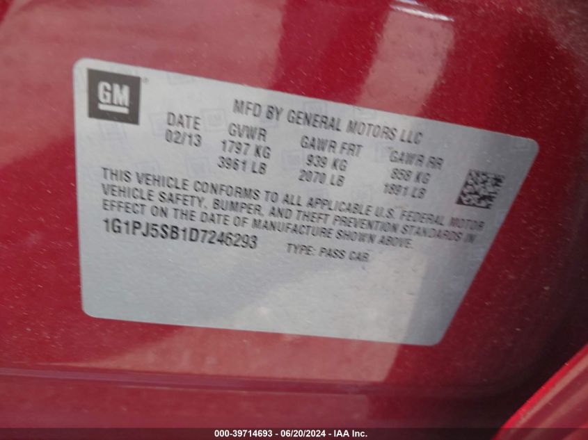 2013 Chevrolet Cruze Eco Manual VIN: 1G1PJ5SB1D7246293 Lot: 39714693