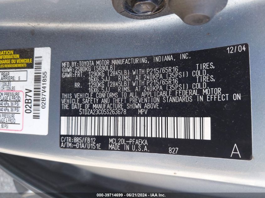 2005 Toyota Sienna Le VIN: 5TDZA23C05S263678 Lot: 39714699