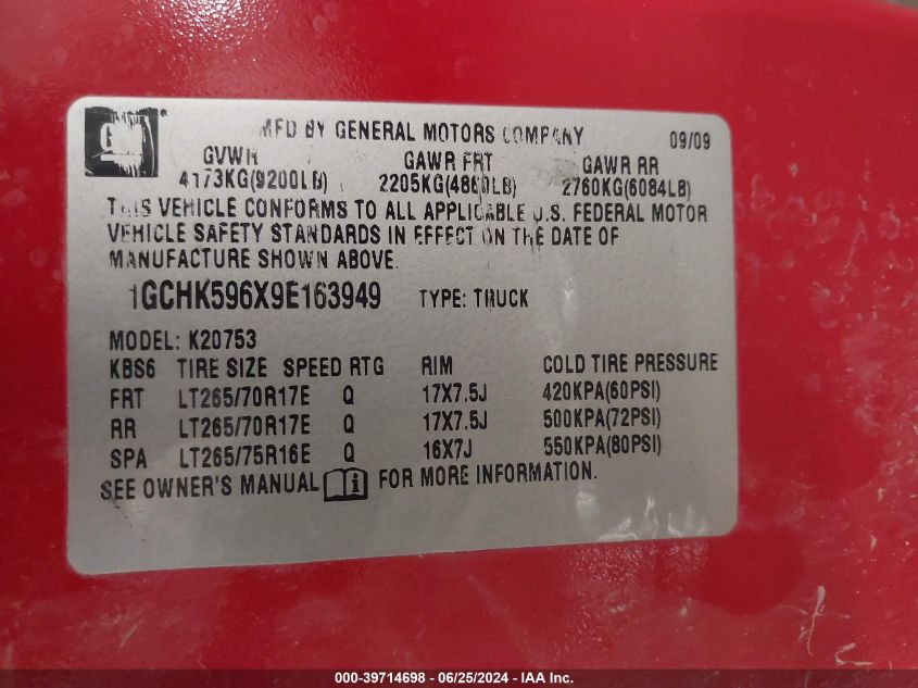2009 Chevrolet Silverado 2500Hd K2500 Heavy Duty Lt VIN: 1GCHK596X9E163949 Lot: 39714698