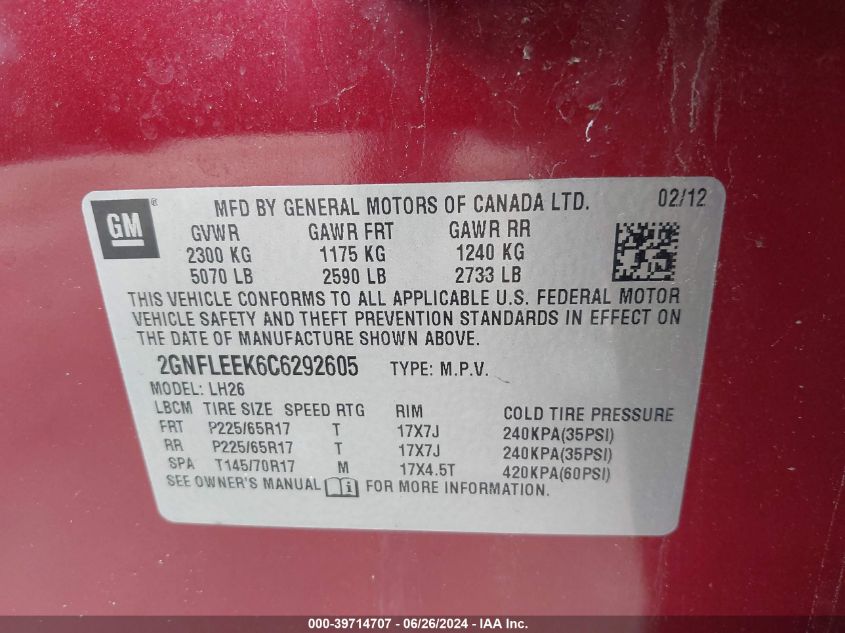 2012 Chevrolet Equinox Lt VIN: 2GNFLEEK6C6292605 Lot: 39714707