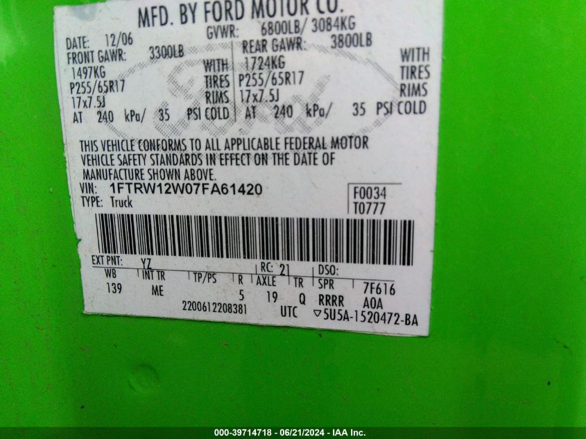 2007 Ford F-150 Xlt VIN: 1FTRW12W07FA61420 Lot: 39714718