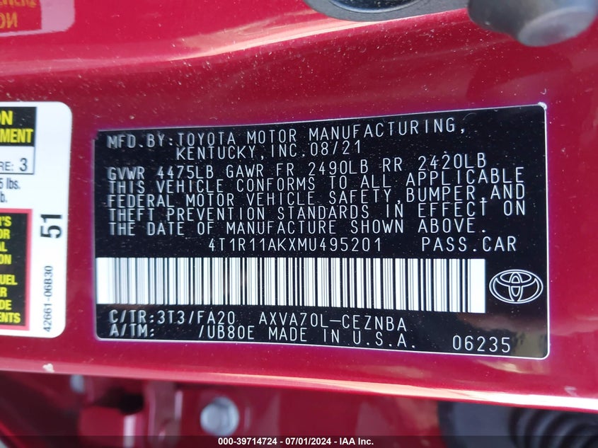 VIN 4T1R11AKXMU495201 2021 TOYOTA CAMRY LE