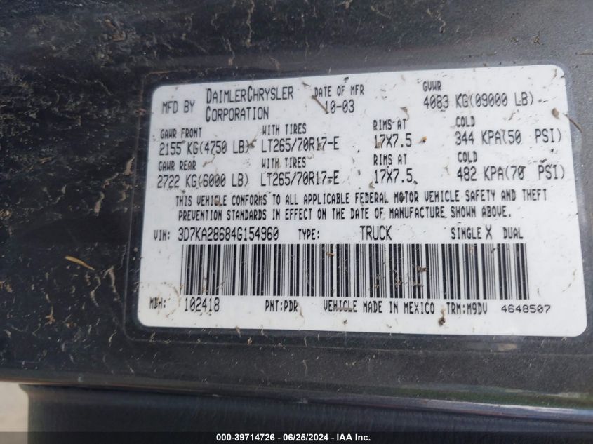 2004 Dodge Ram 2500 St/Slt VIN: 3D7KA28684G154960 Lot: 39714726