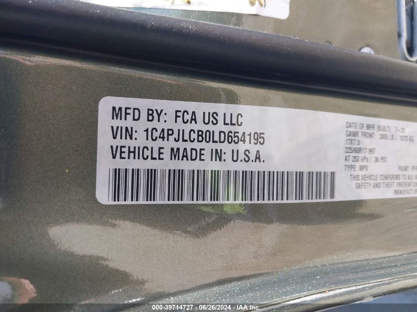 2020 Jeep Cherokee Latitude VIN: 1C4PJLCB0LD654195 Lot: 39714727