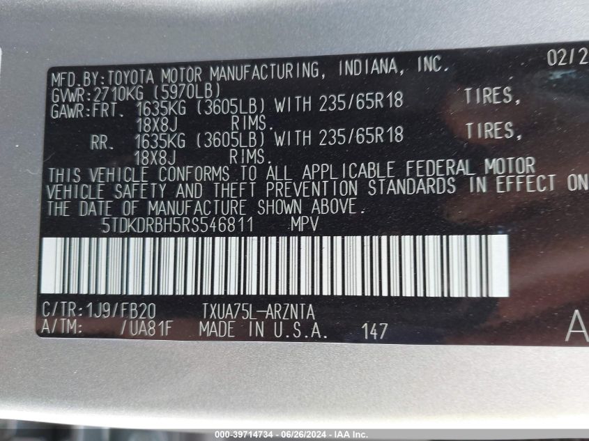 2024 Toyota Highlander Le VIN: 5TDKDRBH5RS546811 Lot: 39714734